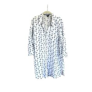 Talbots XL Palm Tree Button Down Shirt White Blue 100% Cotton Resort Top Long